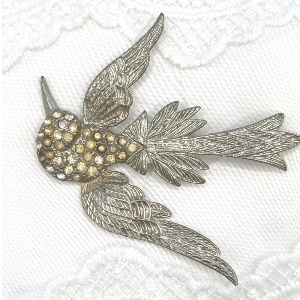 Vintage Pot Metal Champagne Rhinestone Bird Pin Brooch Silver Tone